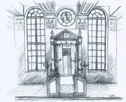 Nákres prvděpodobné podoby interiéru synagogy. Kresba Ing. P. Růžička